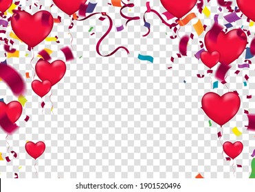 February 14 Valentines day, wedding or marriage background. Realistic heart shape balloons Spring holiday decoration. Invitation card, celebration party design, 