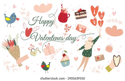 February 14. Vector cute objects and elements for Valentines Day cards: sweets, coffee, cake, key, candy, letter, rose, lollipop, bird. Girl with balloons. Drawings for postcard, stickers or banner