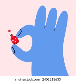 February 14.Large hand with love potion.Drawings for postcard, card,congratulations and poster.Vector flat illustration