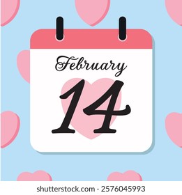 February 14th Calendar. Festive Day Page. Hearts Background. Valentine's Day. Script Font. Feb Fourteenth.