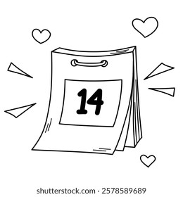 February 14th Calendar. Valentine`s Day Calendar Hand Drawn Scribbled Cartoon Style Graphic.