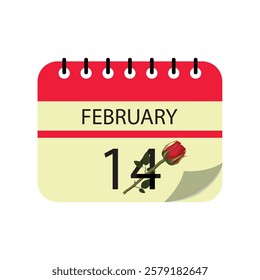 "February 14th day calendar illustration decorated with a red rose. Simple and elegant design."