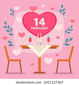 February 14th in heart vector illustration. Dining table with glasses of wine and candles. Green leaves, red and pink hearts on background. Romantic date celebration, love, Valentines day concept