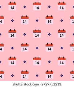 14 de fevereiro Salve o padrão contínuo do calendário de data, Contagem regressiva do dia de São Valentim Descrição: Um padrão vetor sem emenda exclusivo que mostra ícones de calendário marcados para 14 de fevereiro. Esta ilustração estilo "Salvar a Data" é perfeita para planejadores de casamento, convites de evento, gráficos de contagem regressiva e planejadores temáticos de férias. O design minimalista em um fundo rosa pálido oferece um olhar limpo, profissional para projetos organizacionais ou festivos.