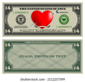 February 14th is World Valentines Day. Flyer in the style of vintage US dollars. Red bright heart pierced by an arrow