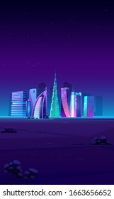 FEBRUARY 15, 2020. Cartoon vector illustration Burj Khalifa, Burj al Arab, Cayan Tower buildings, Dubai landscape at night, UAE world famous architecture landmarks, United Arab Emirates