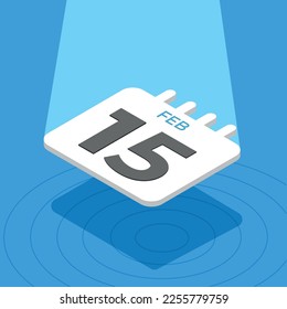 15 de febrero - calendario 3D flotando con foco en fondo azul