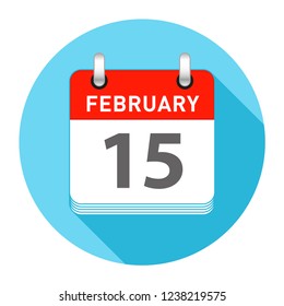 February 15 Date on a Single Day Calendar in Flat Style with long flat shadow on a blue background
