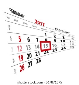 February 15, highlighted on 2017 calendar. Vector Illustration.