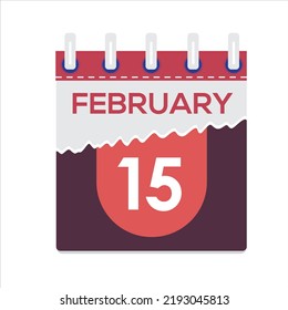 15 de febrero. Icono de calendario diario plano vectorial. Fecha y hora, día, mes. Vacaciones. Temporada. Fondo blanco