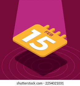 February 15th - Yellow 3D calendar floating with spotlight