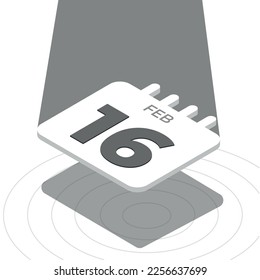 16 de febrero - Calendario 3D blanco y negro flotando con foco en fondo blanco
