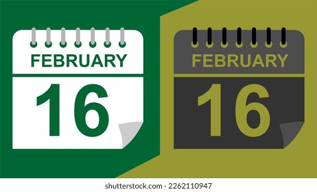 February 16 calendar date on green background or isolated icons with hollow background.