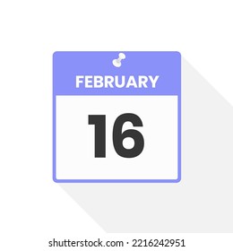 Icono del calendario del 16 de febrero. Ilustración vectorial de icono de calendario de fecha, mes