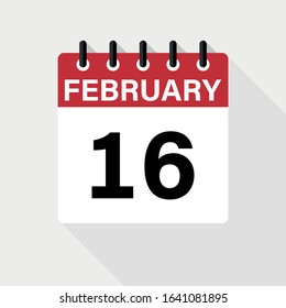 February 16 - Calendar Icon. Calendar Icon with shadow. Flat style. Date, day and month.