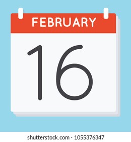 February 16. Calendar icon. Vector illustration in flat design isolated in blue background. Date and time, day, month.