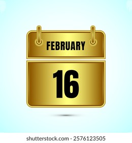 February 16 calendar and time planner on gold background. Daily calendar icon, schedule symbol