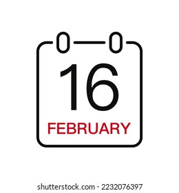 February 16 date on the calendar, vector line stroke icon for user interface. Calendar with date, vector illustration.