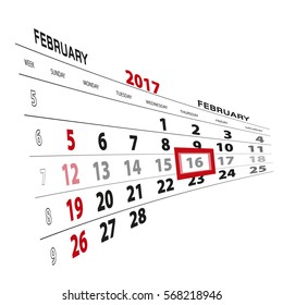 February 16, highlighted on 2017 calendar. Vector Illustration.