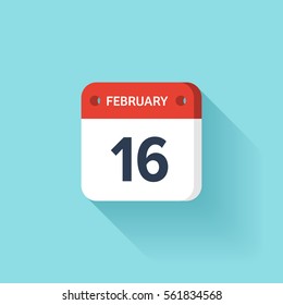 February 16. Isometric Calendar Icon With Shadow.Vector Illustration,Flat Style.Month and Date.Sunday,Monday,Tuesday,Wednesday,Thursday,Friday,Saturday.Week,Weekend,Red Letter Day. Holidays 2017.