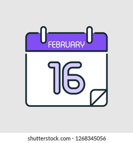 February 16.Calendar icon.Vector illustration,flat style.Date,day of month:Sunday,Monday,Tuesday,Wednesday,Thursday,Friday,Saturday.Weekend,red letter day.Calendar for 2019 year.Holidays in January