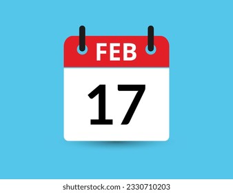 17 de febrero. Calendario de icono plano aislado en fondo azul. Ilustración vectorial de fecha y mes