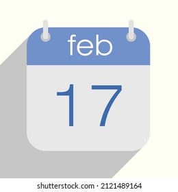 Februar 17. Kalendervektorgrafik. Der siebzehnte Februar. Blau und Grau. Schatten fallen. Flaches Design.