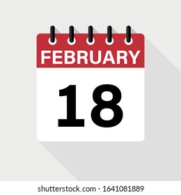February 18 - Calendar Icon. Calendar Icon with shadow. Flat style. Date, day and month.