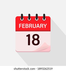 February 18, Calendar icon with shadow. Day, month. Flat vector illustration.