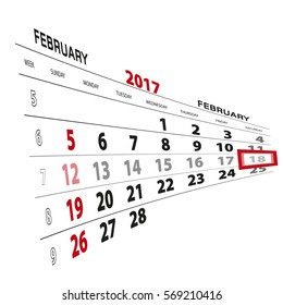 February 18, highlighted on 2017 calendar. Vector Illustration.