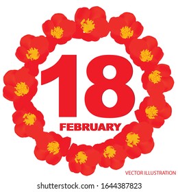 February 18 icon. For planning important day. Banner for holidays and special days with flowers. Eighteenth of February icon. Vector Illustration.
