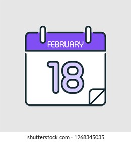 February 18.Calendar icon.Vector illustration,flat style.Date,day of month:Sunday,Monday,Tuesday,Wednesday,Thursday,Friday,Saturday.Weekend,red letter day.Calendar for 2019 year.Holidays in January
