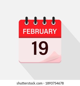 February 19, Calendar icon with shadow. Day, month. Flat vector illustration.