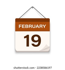 February 19, Calendar icon with shadow. Day, month. Meeting appointment time. Event schedule date. Flat vector illustration. 
