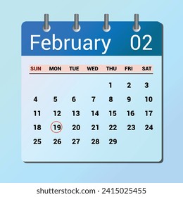 February 19. Flat icon calendar isolated on blue background. Date and month vector illustration