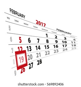 February 19, highlighted on 2017 calendar. Vector Illustration.