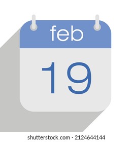 ilustración vectorial del calendario 19 de febrero. 19 de febrero. Los colores azul y gris. Sombra. Diseño plano.