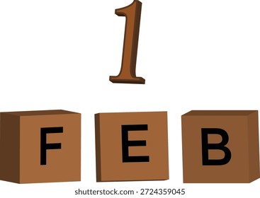 Calendário de 1º de fevereiro com modelo 3D marrom. Ele apresenta o Dia dos Namorados, temas românticos, humores aconchegantes e conceitos de calendário, tornando-o ideal para uso criativo, comercial e editorial.