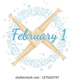 February 1st. Imbolc. Beginning of spring pagan holiday. Wreath of snowflakes with Brigid's Cross. Vector postcard