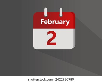February 2, calendar date icon on gray to light gradient background with shadows