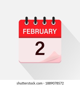 2 de febrero, icono del calendario con sombra. Día, mes. Ilustración vectorial plana.