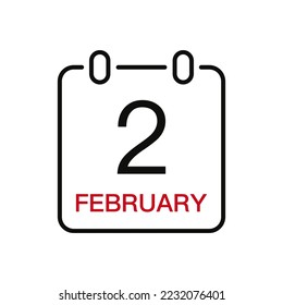 2. Februar Datum auf dem Kalender, Vektorlinie Strich Symbol für die Benutzeroberfläche. Kalender mit Datum, Vektorgrafik.
