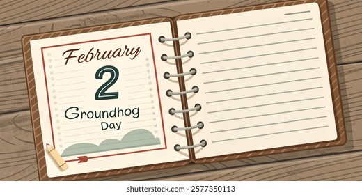 February 2. Groundhog Day calendar in a notebook on a wooden background. Vector illustration