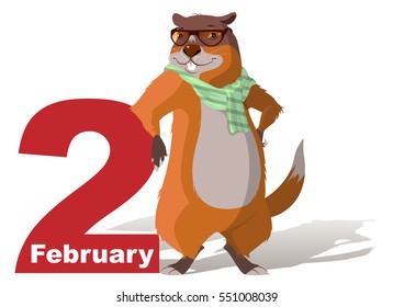 February 2 Groundhog Day. Marmot casts shadow. Vector cartoon illustration