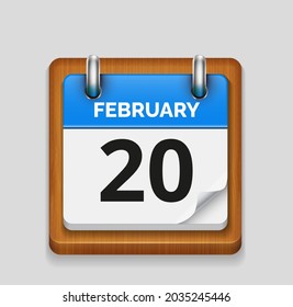 February 20 blue daily realistic calendar with wooden frame icon date vector image