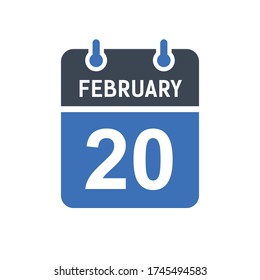 February 20 Calendar Date Icon, Event Date Icon, Calendar Date, Icon Design Vector Graphic
