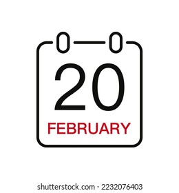 February 20 date on the calendar, vector line stroke icon for user interface. Calendar with date, vector illustration.