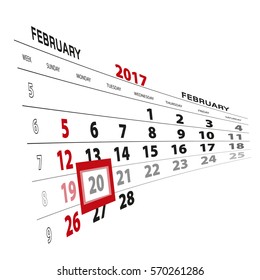 February 20, highlighted on 2017 calendar. Vector Illustration.