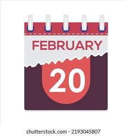 February 20. Vector flat daily calendar icon. Date and time, day, month. Holiday. Season. White Background