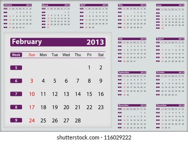 February 2013 calendar highlighting